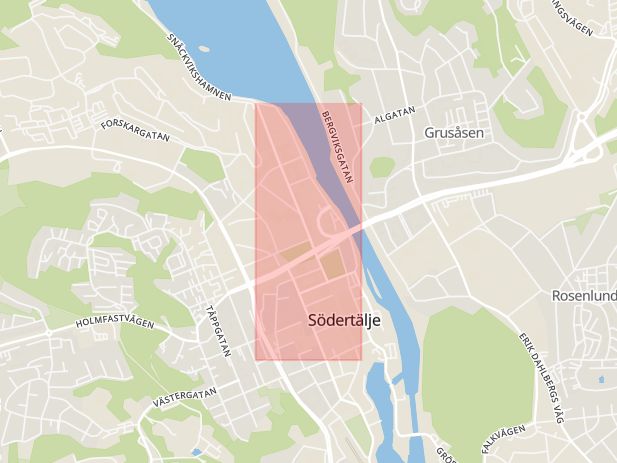 Karta som med röd fyrkant ramar in Storgatan, Södertälje, Stockholms län