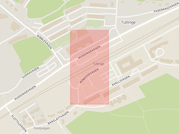 Karta som med röd fyrkant ramar in Huddingevägen, Tullinge, Tullinge Station, Botkyrka, Stockholms län