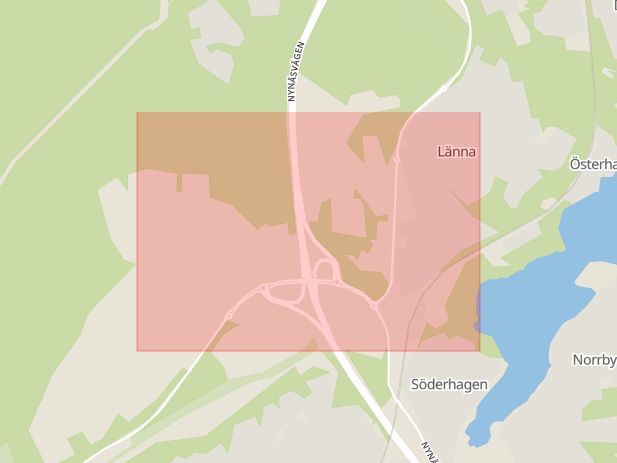 Karta som med röd fyrkant ramar in Länna, Trafikplats Länna, Haninge, Stockholms län