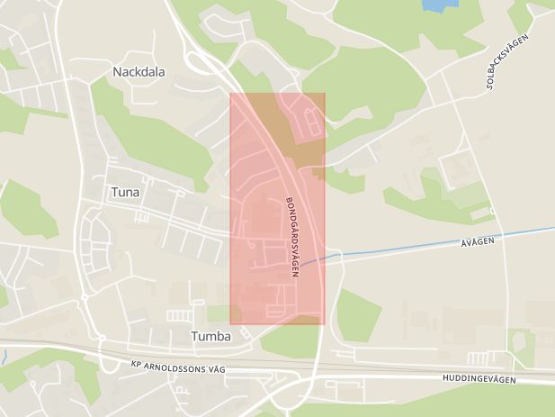 Karta som med röd fyrkant ramar in Tumba, Bondgårdsvägen, Botkyrka, Stockholms län