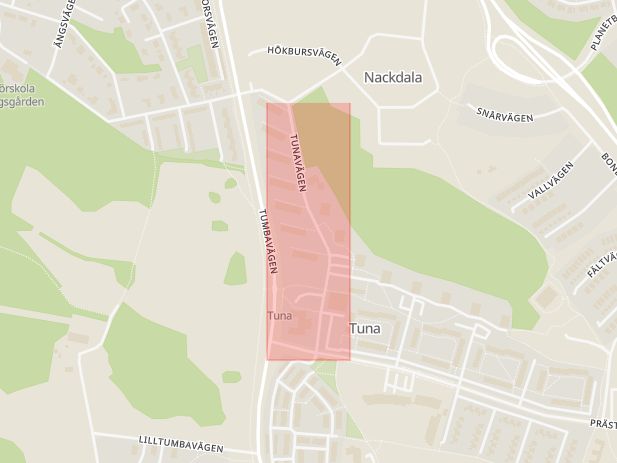 Karta som med röd fyrkant ramar in Tunavägen, Tumba, Botkyrka, Stockholms län