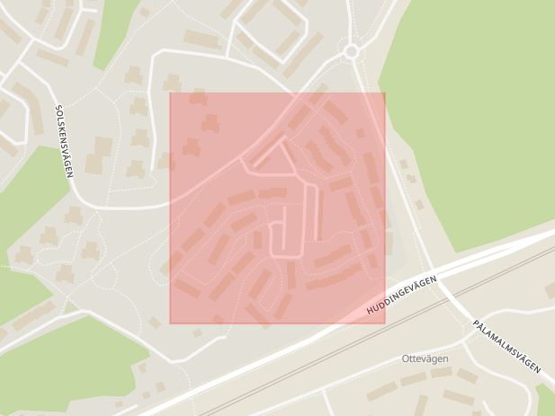 Karta som med röd fyrkant ramar in Kungens Kurva, Månskensvägen, Huddinge, Stockholms län