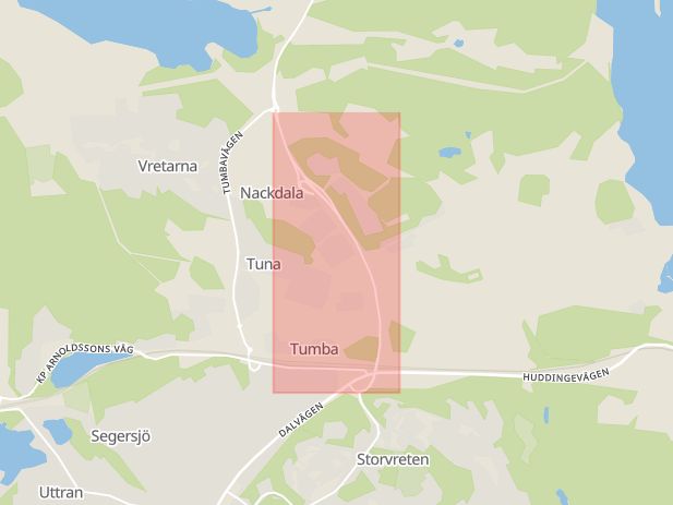 Karta som med röd fyrkant ramar in Huddingevägen, Hågelbyleden, Botkyrka, Stockholms län