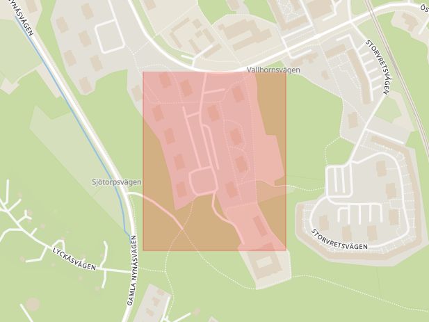 Karta som med röd fyrkant ramar in Skogås, Vallhornsvägen, Huddinge, Stockholms län
