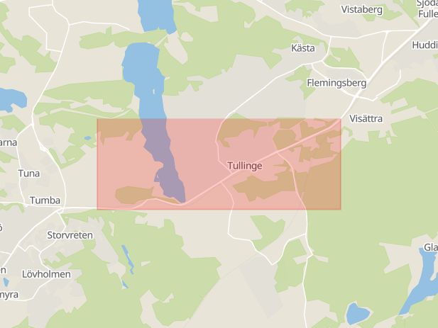Karta som med röd fyrkant ramar in Tullinge, Huddingevägen, Botkyrka, Stockholms län