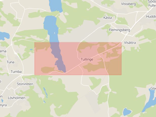 Karta som med röd fyrkant ramar in Tullinge, Huddingevägen, Pålamalmsvägen, Huddinge, Stockholms län