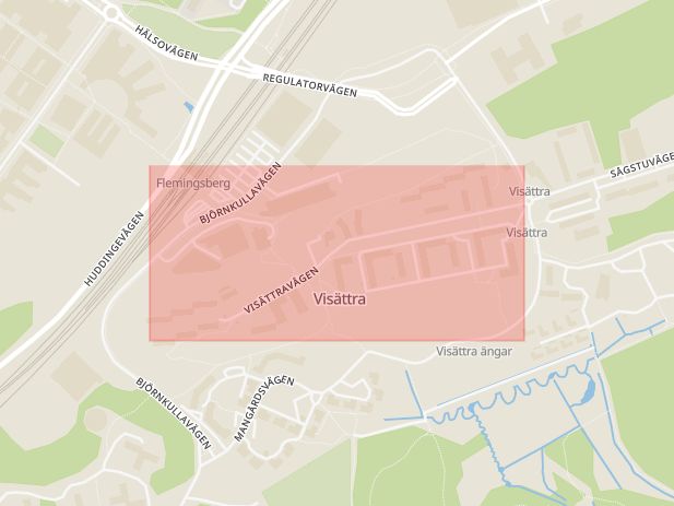 Karta som med röd fyrkant ramar in Flemingsberg, Visättravägen, Huddinge, Stockholms län