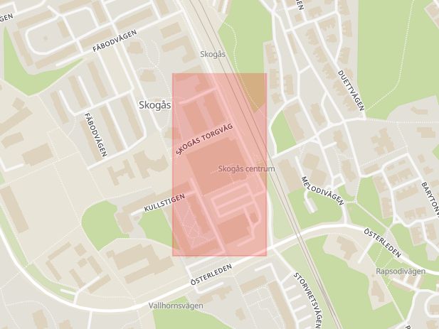 Karta som visar ungefär var händelsen Detonation: Polis kallas till ett flerbostadshus i Skogås med anledning av att flera inringare hört en hög smäll. inträffat