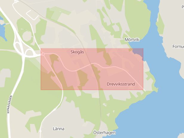 Karta som med röd fyrkant ramar in Österleden, Skogås, Huddinge, Stockholms län