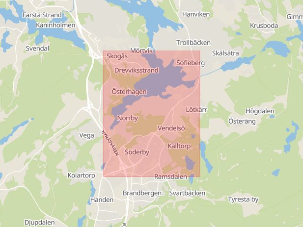 Karta som med röd fyrkant ramar in Trollbäcken, Högsta, Gudöbroleden, Haninge, Stockholms län