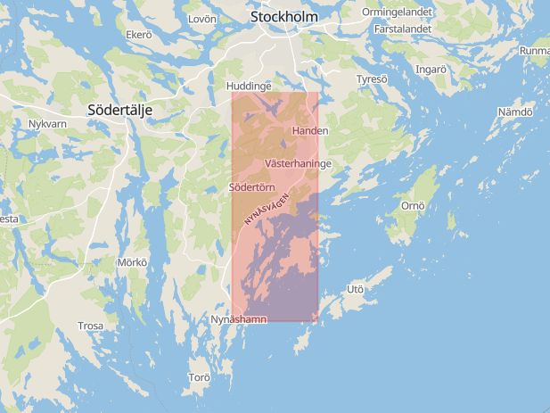 Karta som med röd fyrkant ramar in Nynäsvägen, Vega, Haninge, Stockholms län