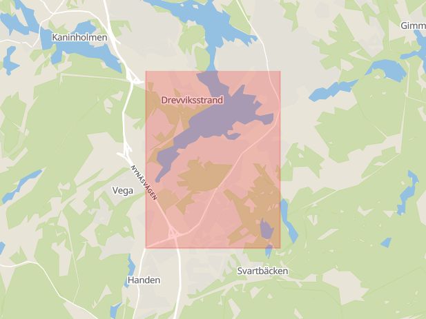 Karta som med röd fyrkant ramar in Gudöbroleden, Vendelsö, Haninge, Stockholms län