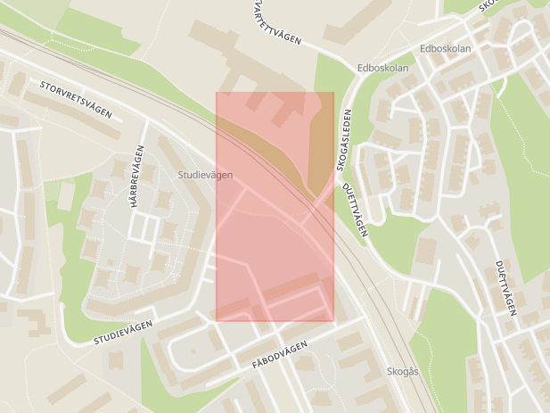 Karta som med röd fyrkant ramar in Skogås, Studievägen, Storvretsvägen, Huddinge, Stockholms län