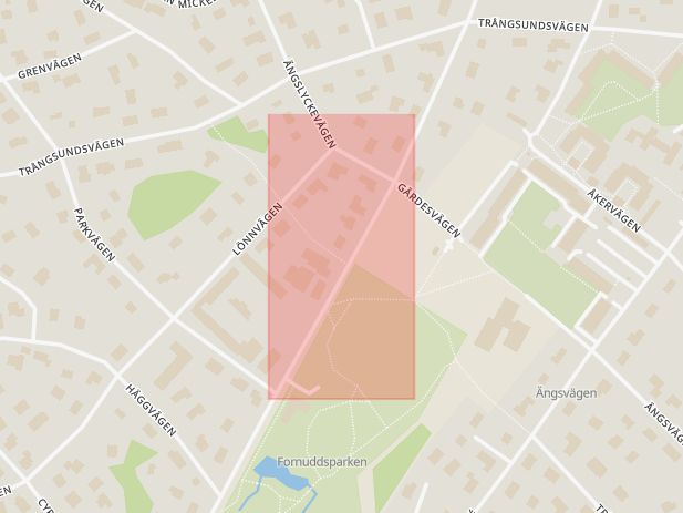 Karta som med röd fyrkant ramar in Fornudden, Tyresö, Stockholms län