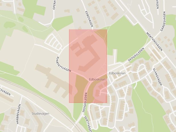 Karta som med röd fyrkant ramar in Skogås, Edboskolan, Huddinge, Stockholms län
