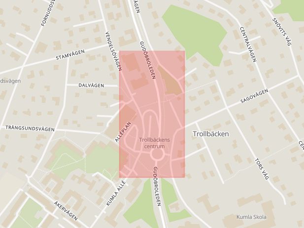 Karta som med röd fyrkant ramar in Trollbäckens Centrum, Stockholm, Flygfältsvägen, Skarpnäck, Tyresö, Stockholms län