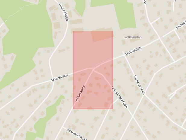 Karta som med röd fyrkant ramar in Trollbäcken, Skolvägen, Skälsätravägen, Tyresö, Stockholms län