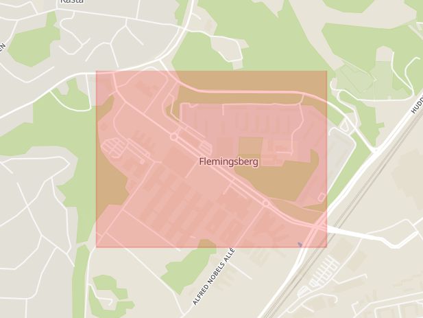 Karta som med röd fyrkant ramar in Hälsovägen, Röntgenvägen, Huddingevägen, Huddinge, Stockholms län