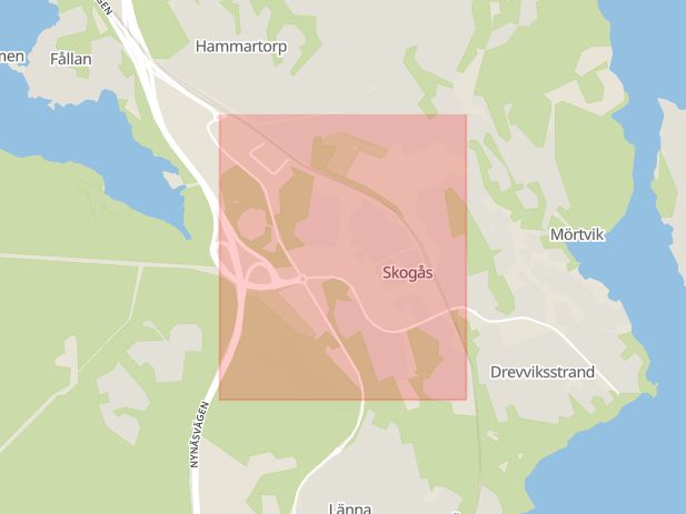 Karta som med röd fyrkant ramar in Storvretsvägen, Skogås, Huddinge, Stockholms län