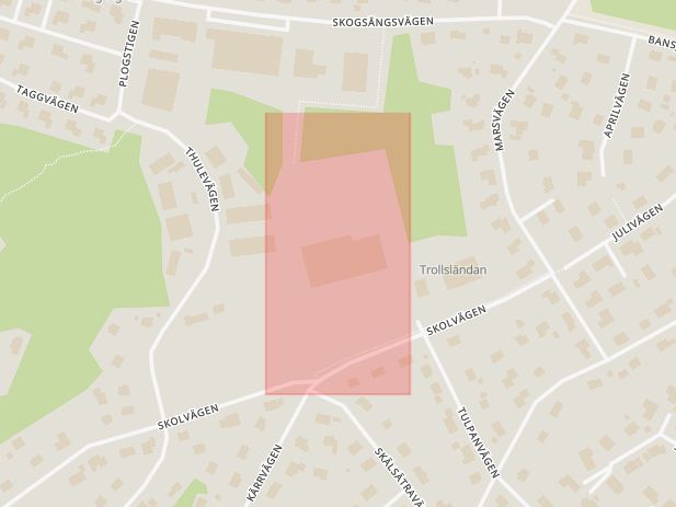 Karta som med röd fyrkant ramar in Trollbäcken, Idrottsplatsen, Tyresö, Stockholms län