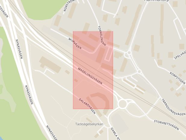 Karta som med röd fyrkant ramar in Trångsund, Södermalm, Huddinge, Stockholms län