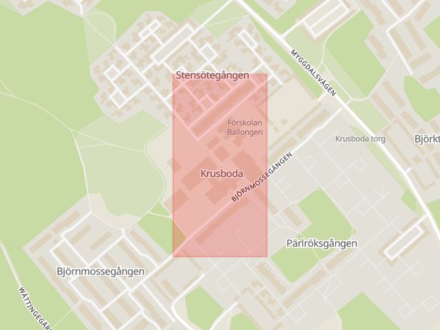 Karta som med röd fyrkant ramar in Krusboda, Tyresö, Stockholms län