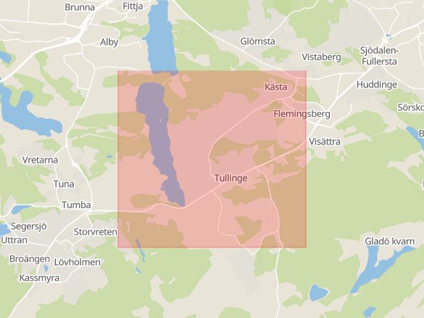 Karta som med röd fyrkant ramar in Tullinge, Tumba, Botkyrka, Stockholms län