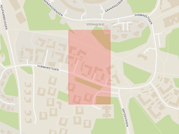 Karta som med röd fyrkant ramar in Bollmora, Kanelgränd, Tyresö, Stockholms län