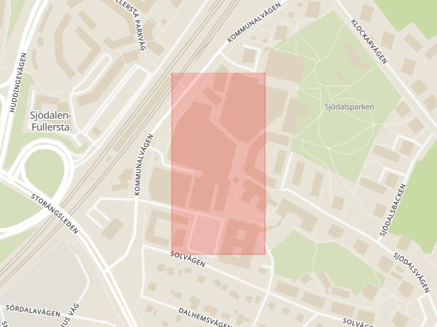 Karta som med röd fyrkant ramar in Huddinge Centrum, Kommunalvägen, Huddinge, Stockholms län