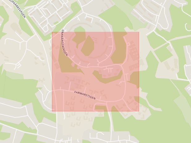 Karta som med röd fyrkant ramar in Hanviken, Farmarstigen, Tyresö, Stockholms län