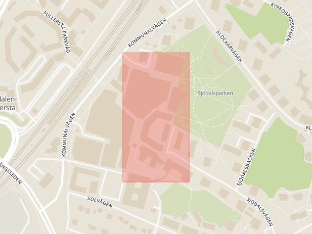 Karta som med röd fyrkant ramar in Sjödalstorget, Huddinge, Stockholms län