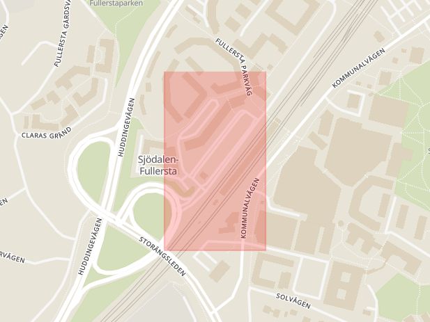 Karta som med röd fyrkant ramar in Stationsplan, Huddinge, Stockholms län