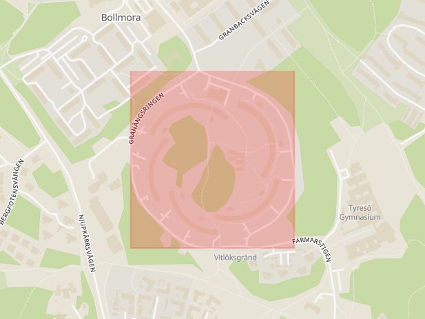 Karta som med röd fyrkant ramar in Bollmora, Granängsringen, Tyresö, Stockholms län