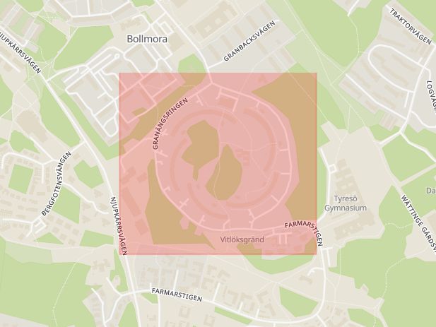 Karta som med röd fyrkant ramar in Granängsringen, Tyresö, Stockholms län