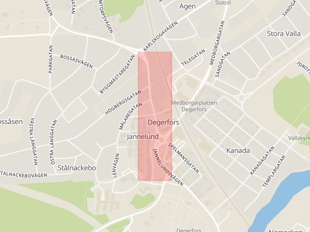Karta som med röd fyrkant ramar in Riagården, Storgatan, Degerfors, Örebro län