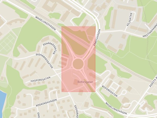 Karta som med röd fyrkant ramar in Magelungsvägen, Farsta Strand, Stockholm, Stockholms län