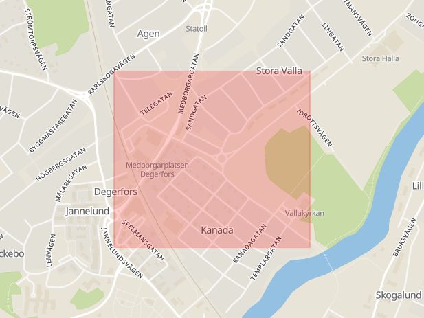 Karta som med röd fyrkant ramar in Herrgårdsgatan, Degerfors, Örebro län