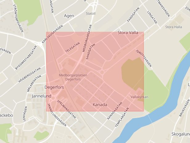 Karta som med röd fyrkant ramar in Herrgårdsgatan, Stora Vallavägen, Degerfors, Örebro län