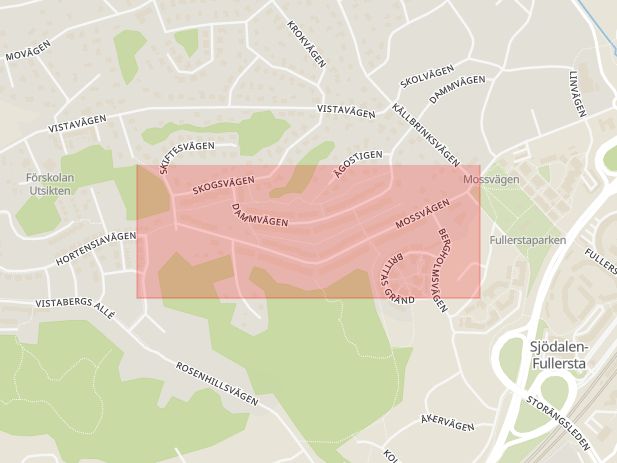 Karta som med röd fyrkant ramar in Mossvägen, Fullersta, Huddinge, Stockholms län
