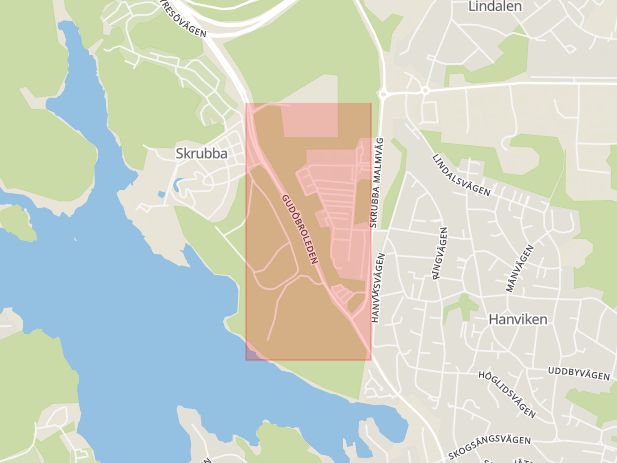 Karta som med röd fyrkant ramar in Söderbyleden, Gudöbroleden, Haninge, Stockholms län