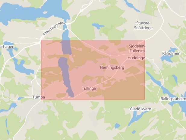 Karta som med röd fyrkant ramar in Huddingevägen, Tullingesjön, Botkyrka, Stockholms län