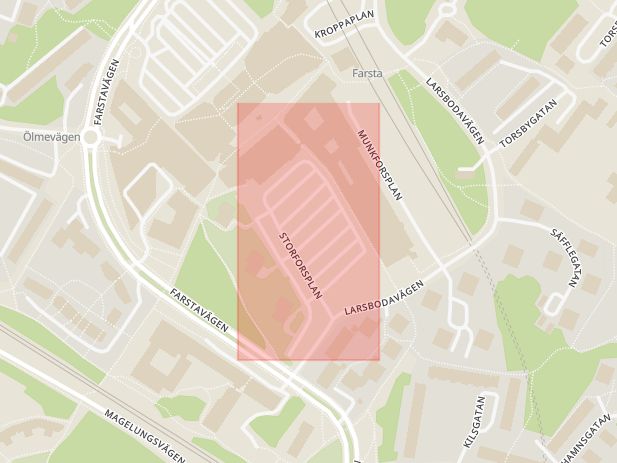 Karta som med röd fyrkant ramar in Storforsplan, Farsta Centrum, Stockholms län
