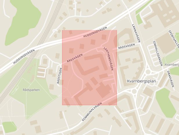 Karta som med röd fyrkant ramar in Sjödalen, Rådsvägen, Huddinge, Stockholms län
