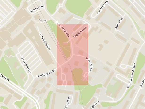 Karta som med röd fyrkant ramar in Larsbodavägen, Säfflegatan, Farsta, Stockholm, Stockholms län