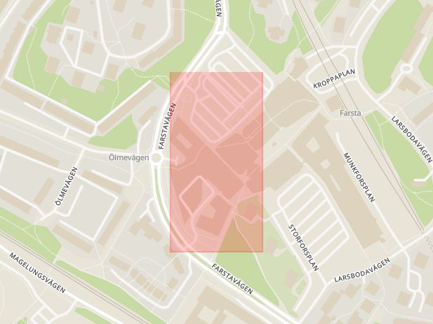 Karta som med röd fyrkant ramar in Farsta, Farstagången, Stockholm, Stockholms län