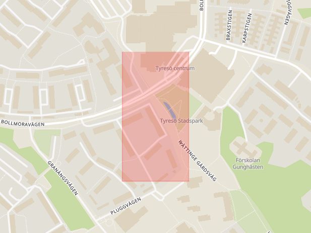 Karta som med röd fyrkant ramar in Öringe, Wättinge Gårdsväg, Tyresö, Stockholms län