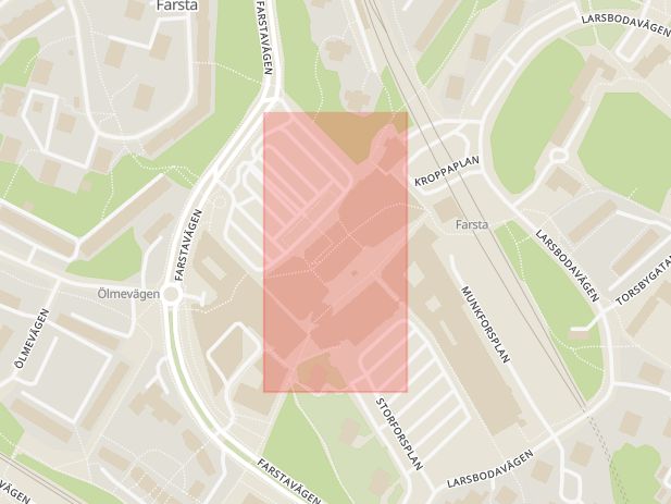 Karta som med röd fyrkant ramar in Farsta, Systembolaget, Farsta Centrum, Stockholm, Stockholms län