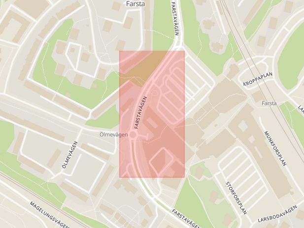 Karta som med röd fyrkant ramar in Farsta Torg, Stockholm, Stockholms län