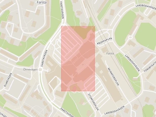 Karta som med röd fyrkant ramar in Farsta Centrum, Gullmarsplan, Upplands Väsby, Tensta, Farsta, Stockholm, Stockholms län