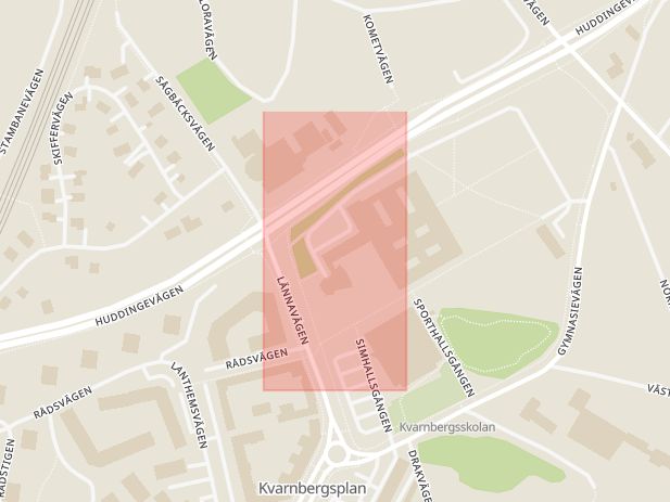 Karta som med röd fyrkant ramar in Gymnasietorget, Huddinge, Stockholms län